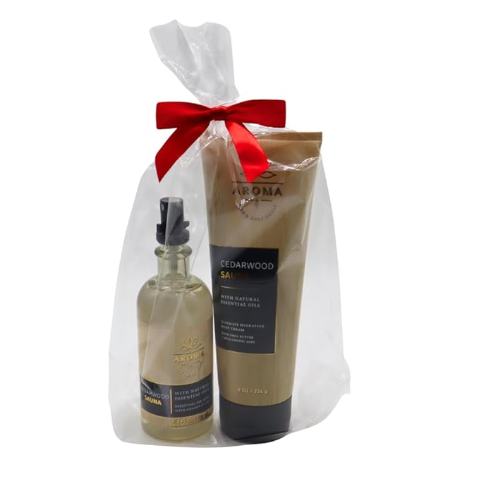 Bath & Body Works Aroma CEDARWOOD SAUNA Essential Oil Mist & Body Cream 2-piece Gift Set with a Red Bow for Holidays – Full Size