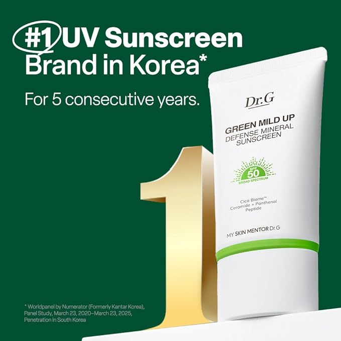 Dr. G Green Mild Up Defense Mineral Sunscreen - SPF 50 Broad Spectrum Korean Sunscreen - Lightweight & Reef-Safe Mineral Formula - For Sensitive Skin - Non-Greasy - With Centella Asiatica - 1.69 fl oz