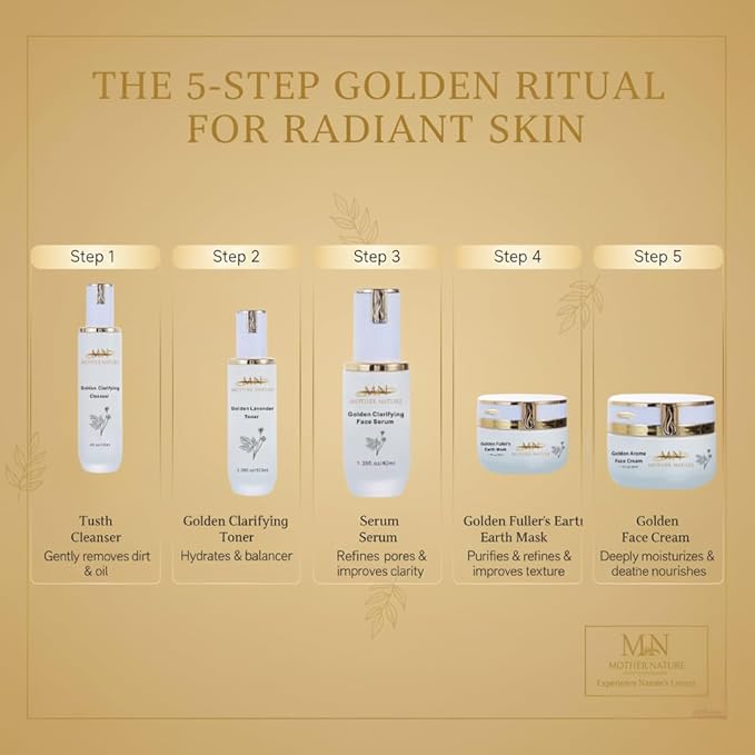 MN Mother Nature Golden 5-Piece Skincare Set – Clarifying Cleanser, Lavender Toner, Serum, Fuller's Earth Mask & Aroma Cream – Botanical Extracts for Smooth, and Glowing Skin – Daily Hydration Routine