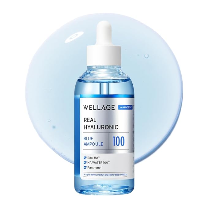 WELLAGE Real Hyaluronic Blue Ampoule 100, Korean Hydrating Serum for Face, Skin Firming Hyaluronic Acid Deep Moisturizing Serum with Panthenol, PDRN, 2.54 Fl Oz_R