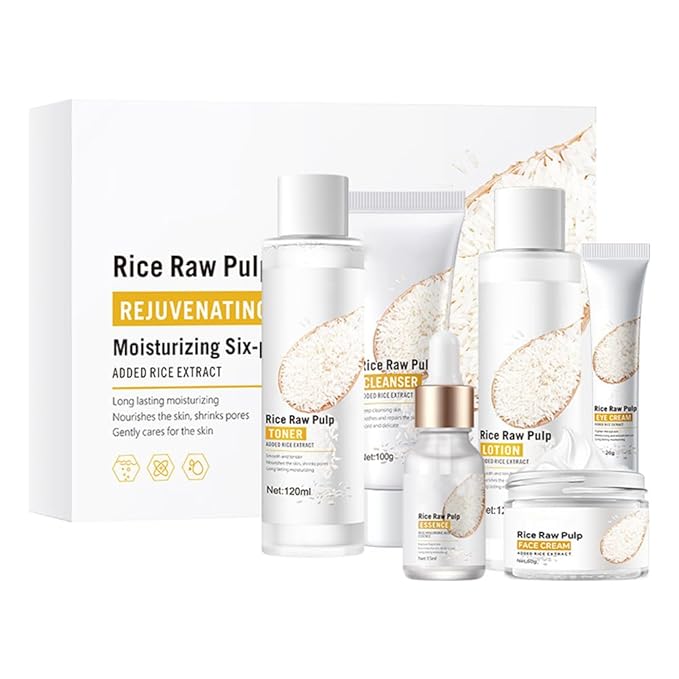 Rice Rice Skin Care Gift Set for Women Girls,6 Pcs Rice Raw Pulp Facial Skincare Kit-Cleanser,Toner,Lotion,Essence,Eye Cream and Face Cream to Cleansing,Moisturizing,Smoothing and Firming