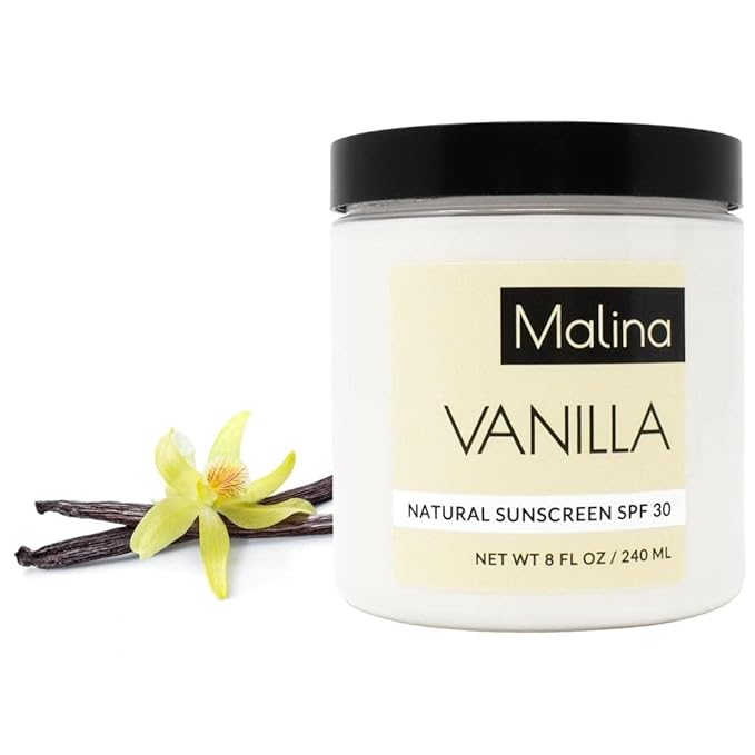 Malina™ Organic Vanilla Natural Sunscreen | SPF 30+ | Nontoxic | Baby-Safe | Reef-Safe | No Preservatives | No Synthetic Fragrance | Made With Pure Essential Oil (8 Fl Oz)