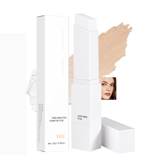 Cover Cream Stick, Matte Color-Changing Foundation Stick, Hydrating, Blur Pores Even Skin Tone, Medium to Full Coverage Dewy Finish Base Makeup, Dual-Ended with SoftBrush, #1