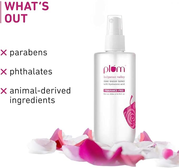Plum Bulgarian Valley Rose Water Toner |with Hyaluronic Acid & Rose Extracts|100% Natural Rose Fragrance|Soothing and Pore Tightening | Balances Ph Levels (200 Ml (Pack of 1) Colourless)