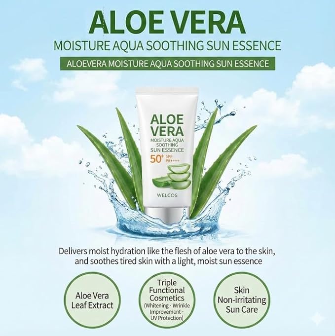 Kwalnara Aloe Vera Moisture Aqua Soothing Sun Essence SPF 50+ PA++++, 썬크림 50g | Lightweight Korean Sunscreen for Sensitive Skin, made in Korea