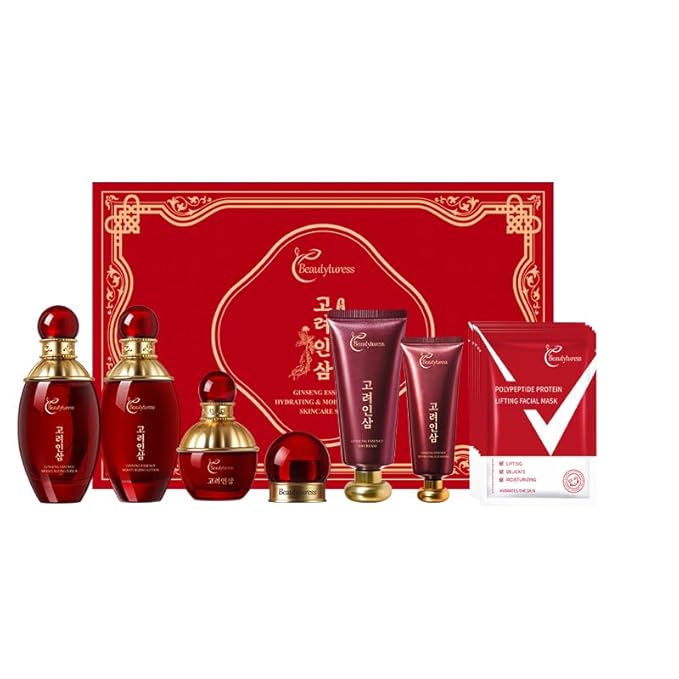 Red Ginseng Skincare Set for Women, - Anti-Aging Facial Care Kit with Toner, Emulsion, Essence, Cream, Eye Cream, Cleanser & Facial Neck Masks – Hydrating Daily Skin Gift Set