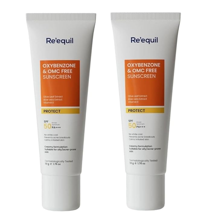 Requil's Oxybenzone, OMC Free Sunscreen for Oily, Sensitive, Acne Prone Skin, SPF 50 PA+++, No White Cast, 50g, Pack of 2