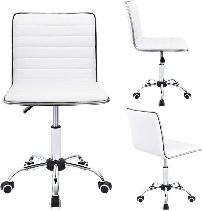 Furmax Vanity Office Desk Chair with Wheels, Armless Small Cute Leather Makeup Computer Task Chair Adjustable Height 360° Swivel (White)