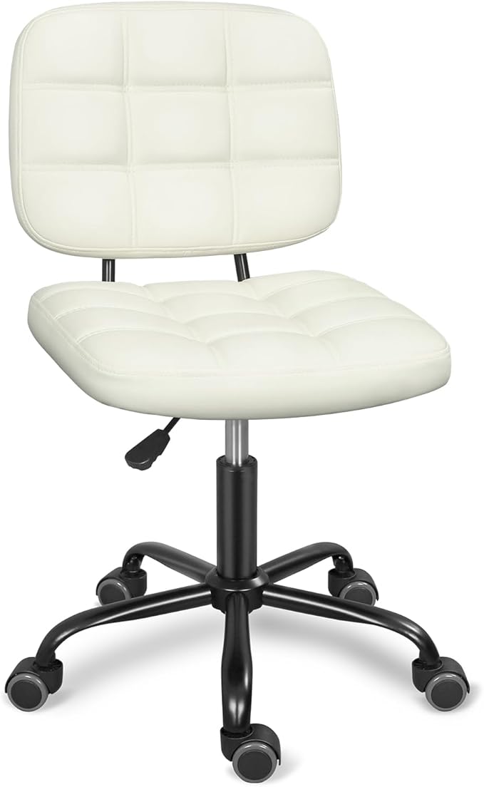 Armless Home Office Desk Chair with Wheels, Modern Ergonomic Drafting Rolling Chair with 360° Swivel Wheels,Height Adjustable Computer Task Chairs for Small Space, White