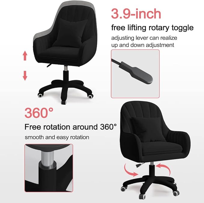 Velvet Desk Chair with Pillow Upholstered Vanity Chair for Girls Women, Home Office Computer Task Chair with Wheels Swivel Rolling Accent Chair for Living Room, Bedroom