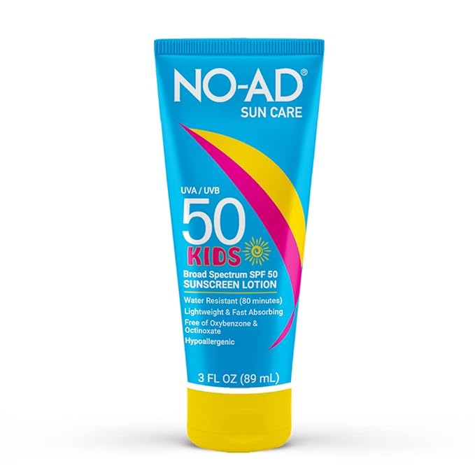 NO-AD KIDS SPF 50 Sunscreen Lotion | Non-Greasy, Waterproof Kids Sunscreen | Suitable for All Skin Types | Broad Spectrum Protection for Active Lifestyles 3oz Travel Size