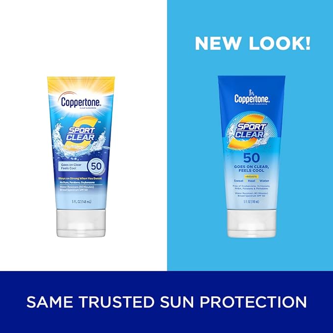 Coppertone Sport Clear SPF 50 Sunscreen Lotion, Water Resistant, Non-Greasy, Broad Spectrum UVA/UVB Protection, Clean, Cool, 5 Ounce