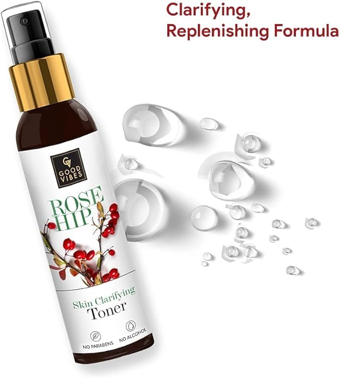 Good Vibes Rosehip Face Toner Spray | Skin Clarifying Toner for Dull, Impure & Uneven Skin Tone | Hydrates, Balances pH | Alcohol-Free, Paraben-Free | 4.05 Fl Oz (120ml)