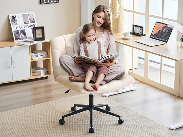 Furnimart Swivel Criss Cross Legged Chair with Wheels for Home Office, Wide Armless Desk Chair Height Adjustable Comfy Seat for Desk,Vanity, Bedroom, Beige