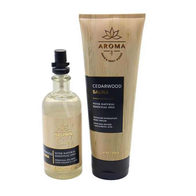 Bath & Body Works Aroma CEDARWOOD SAUNA Essential Oil Mist & Body Cream 2-piece Gift Set with a Red Bow for Holidays – Full Size