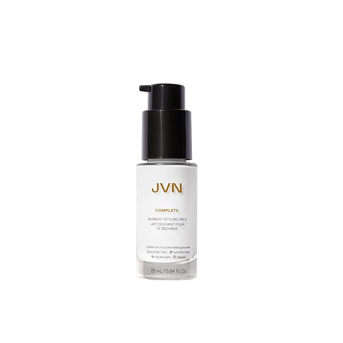 JVN Complete Blowout Styling Milk, 0.84 Fl Oz, Travel Size, Frizz Fighting, Heat Activated Style Extending Hair Cream and Heat Protectant, Hair Care for Women and Men, Silicone Free