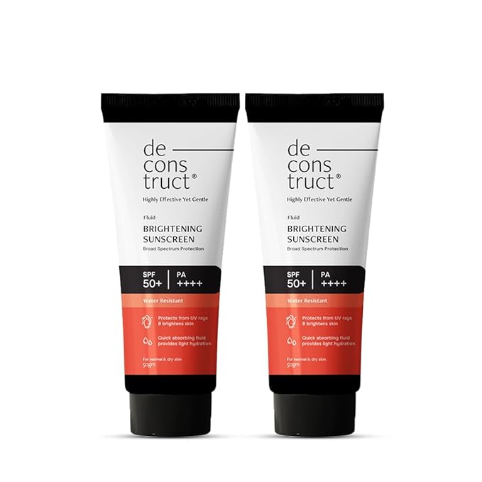 Deconstruct Dry Brightening Fluid Sunscreen SPF 50+ with Niacinamide | Lightweight, Hydrating & Dewy | UVA/UVB Protection | 8-Hour Wear, Water-Resistant, No White Cast | 50g | Pack of 2