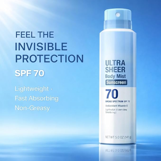 Ultra Sheer SPF 70 Body Sunscreen Spray, 5 oz Lightweight Sun Care Mist, Dry Touch Feel, Sheer Finish Protection for Outdoor and Daily Use