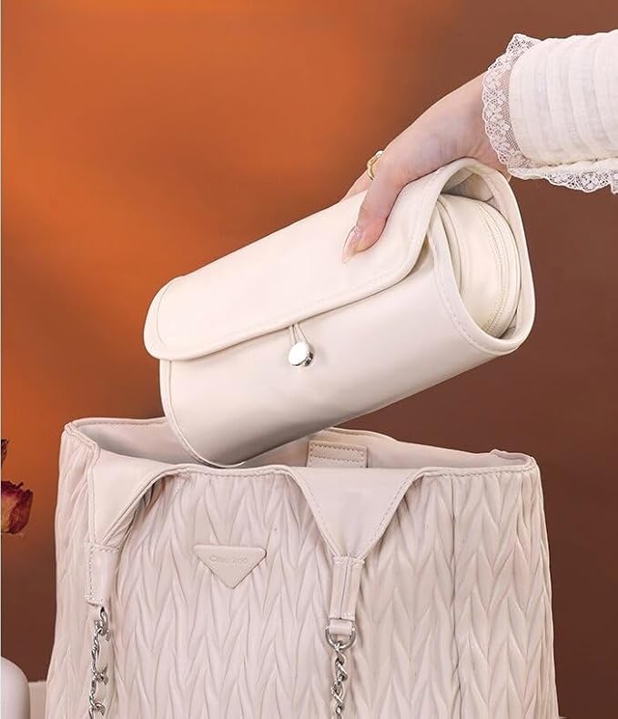 Luxury Leather Makeup Brush Case, Professional Cosmetic Organizer Roll Bag, Travel Storage for Home and Work (white)