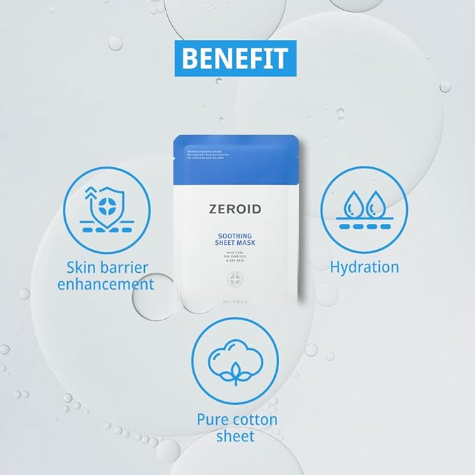 ZEROID | Soothing Sheet Mask | Face Masks Skincare for Sensitive and Dry Skin | Korean Face Mask with Hyaluronic Acid & Ceramide | Hydration & Skin Barrier Enhancement | Pure Cotton Sheet | 5 Sheets