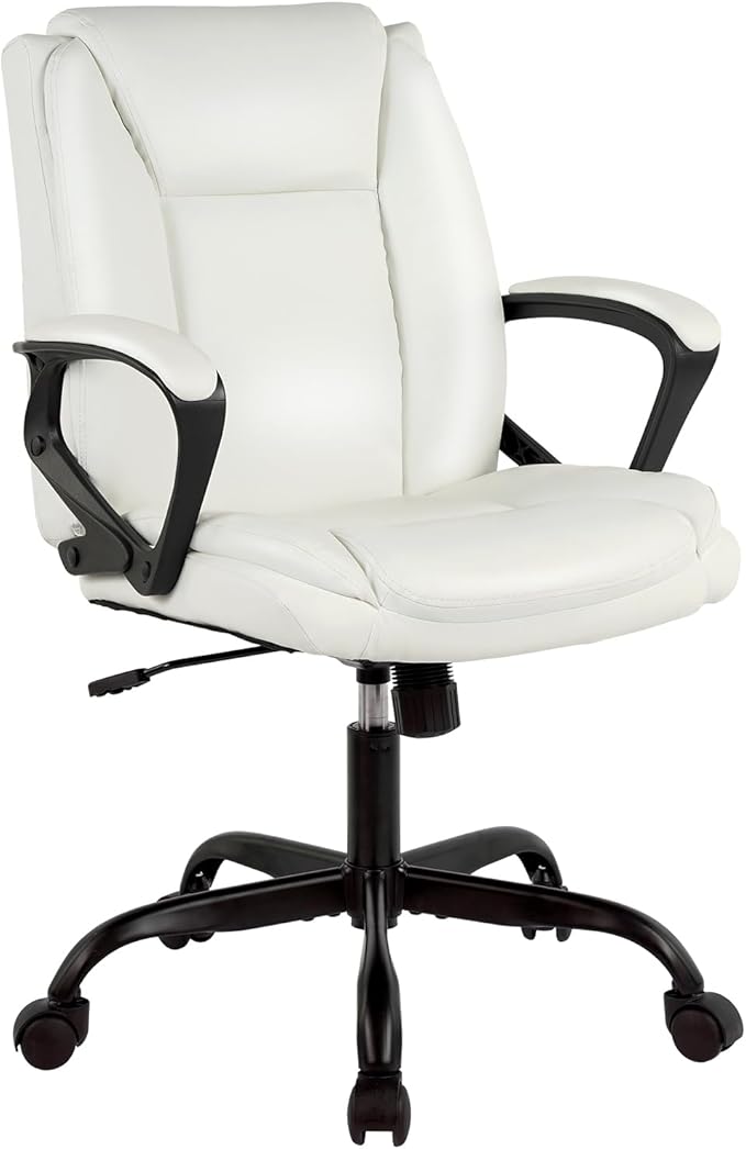 Home Office Chair Ergonomic Desk Chair PU Leather Task Chair Executive Rolling Swivel Mid Back Computer Chair with Lumbar Support Armrest Adjustable Chair for Men (White)