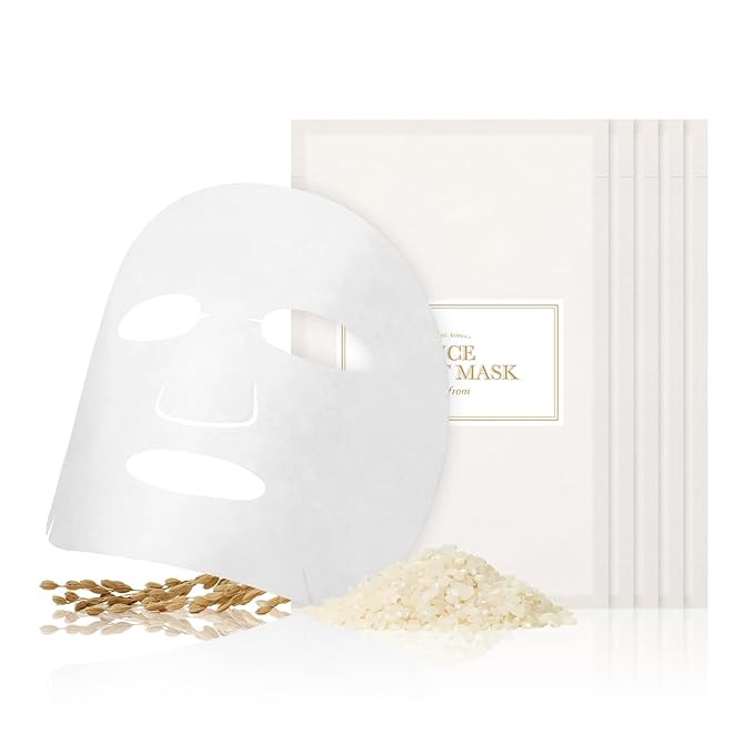 I'm from Rice Sheet Mask Pack of 5, Korean Rice Face Mask, Creamy Hydration for Dry, Combination Skin, Moist, Milky Essence, Biodegradable, Vegan, Hypoallergenic, 20ml