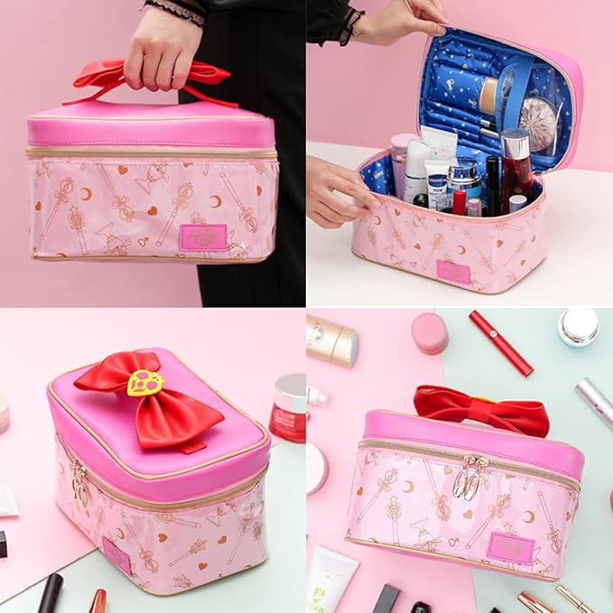 AngelReally Girl Makeup Bag, Cosmetic PU Leather Makeup Bag Portable Travel Cosplay Makeup Bag Organizer Storage Bag Cartoon for Girls Women