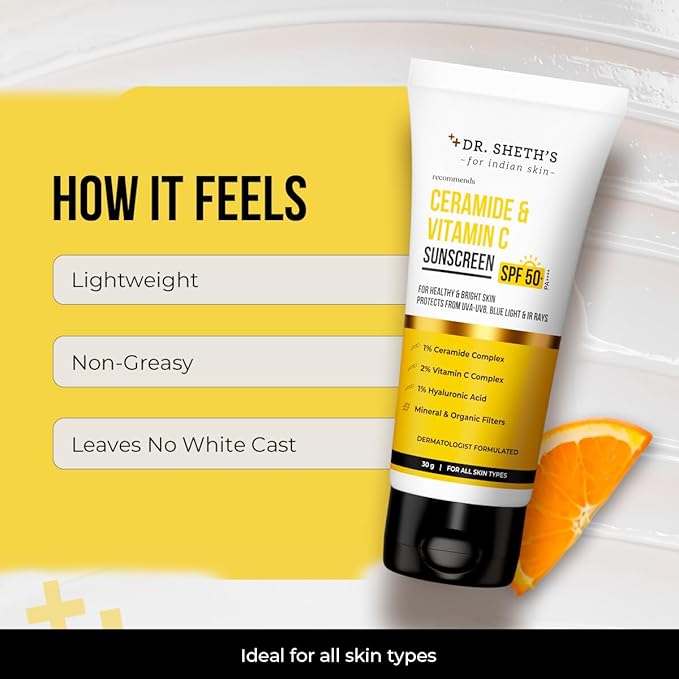 Dr. Sheth's Ceramide & Vitamin C Sunscreen In-Vivo Tested Protects, Moisturizes & Brightens Skin SPF 50+ PA++++ Lightweight, Leaves No White Cast 30 g