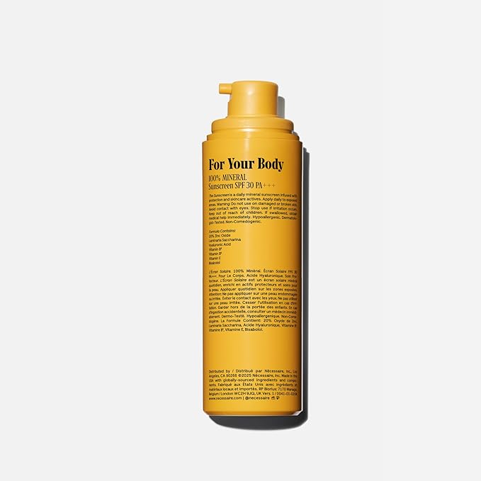 Nécessaire The Mineral Sunscreen SPF 30 PA+++. For The Body. Broad Spectrum. Zinc Oxide, Hyaluronic Acid, Niacinamide. Hydrate. Protect Against Sun Damage + Premature Aging. Dermatologist-Tested 5.1oz