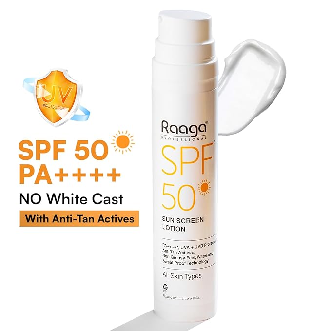 Raaga Sunscreen Lotion SPF 50 Broad Spectrum UVA and UVB Lightweight Non Greasy Water Resistant 1.86 Fl Oz 55ml