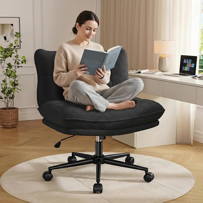 Criss Cross Chair with Wheels, 7" Extra Thick Cross Legged Office Chair, Height Adjustable Swivel Design for Home Office, Study & Vanity,Black