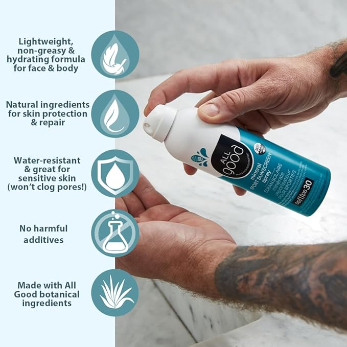 All Good Sport Face & Body Sunscreen - UVA/UVB Broad Spectrum, Water Resistant, Coral Reef Friendly - 30 SPF Sunscreen Spray & Lotion