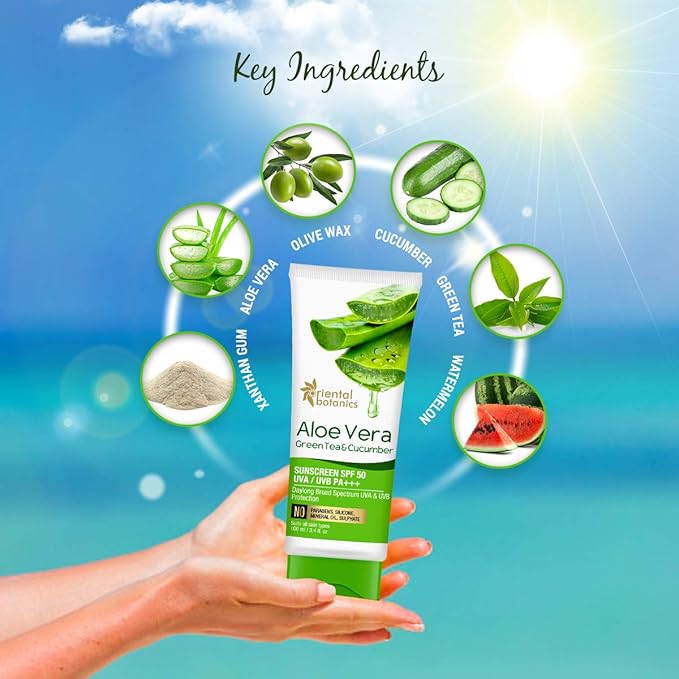 Oriental Botanics Aloe Vera, Green Tea & Cucumber Sunscreen SPF 50 UVA/UVB PA+++, 100ml