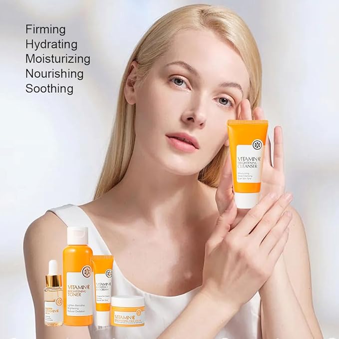 Vitamin C Face Skin Care Set For Women Teen Girls,5 Pcs Vitamin C Women Beauty Gift Set with Cleanser, Toner, Serum, Eye Cream and Face Cream,Travel Size Facial Skin Care Routine Kit