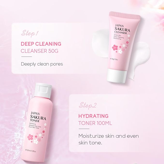 Skin Care Sets for Teenage Girls, Sakura Skin Care Sets & Kits Women Beauty Gift Set with Cleanser, Mud Mask, Toner, Serum, Eye Cream, Facial Cream, and Sunscreen, Birthday Gift for Women and Girls
