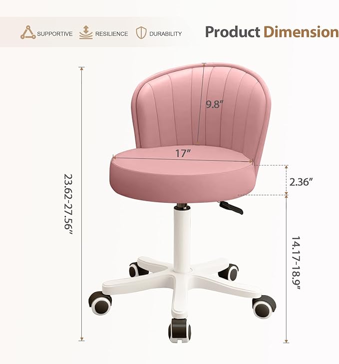 Small Round Rolling Desk Chair Armless Comfy Vanity Computer Chair with Low Backrest PU Leather Height Adjustable Swivel Work Spa Chair