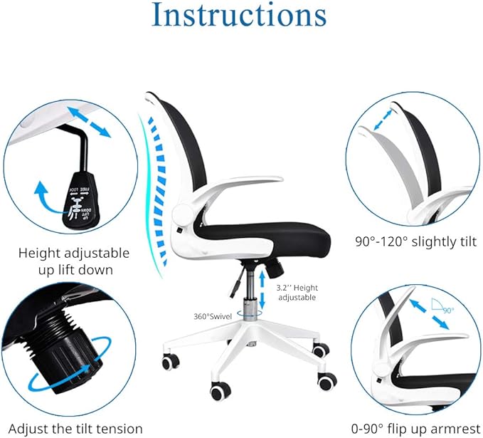 IPKIG Foldable Office Chair - Home Office Desk Chairs with Wheels and Flip-Up Arms - Ergonomic Backrest Mesh Computer Chair Adjustable Swivel Rolling Home Executive (White)
