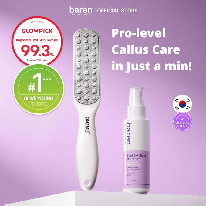Baren Foot Callus Remover Kit |1-Min Spray & Peel |13 Naturally derived ingredients |Professional Level Gentle Removal of Dead Skin |Premium Grade Stainless Steel |3.3oz Callus Peeling Spray+Foot File