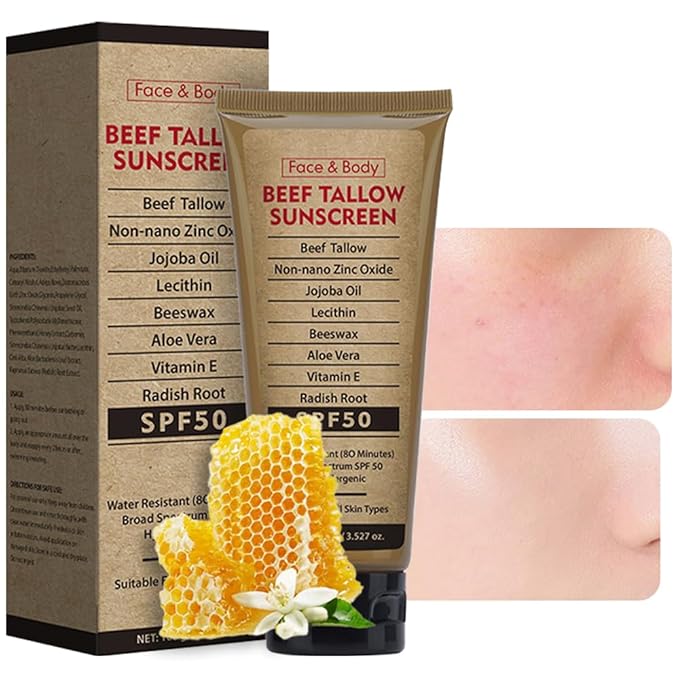 Beef Tallow Sunscreen for Face & Body: SPF 50 Zinc Oxide Sunblock, Non-Greasy Clean Formula, Sun Balm for Summer Outdoor Travel