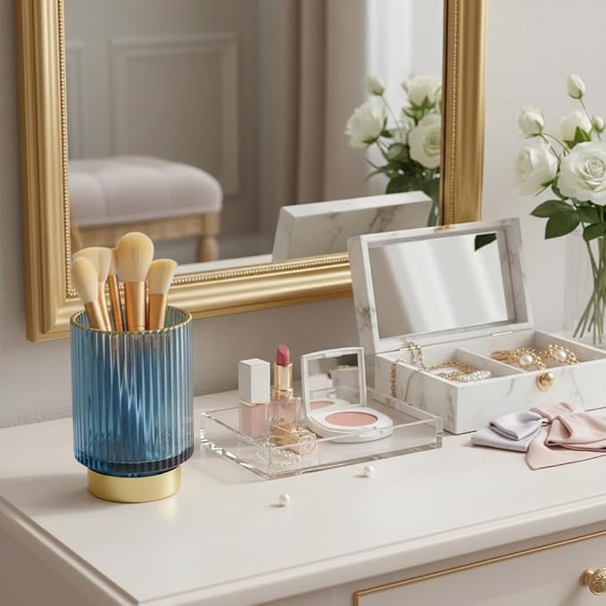 Vintage Makeup Brush Holder Organizer,Dresser Glass Brushes Holder,Vanity Cosmetic Brush Holder,Desktop Crystal Eyeliners Eyebrow Pencil Storage Cup Holder for Countertop (Large Blue)