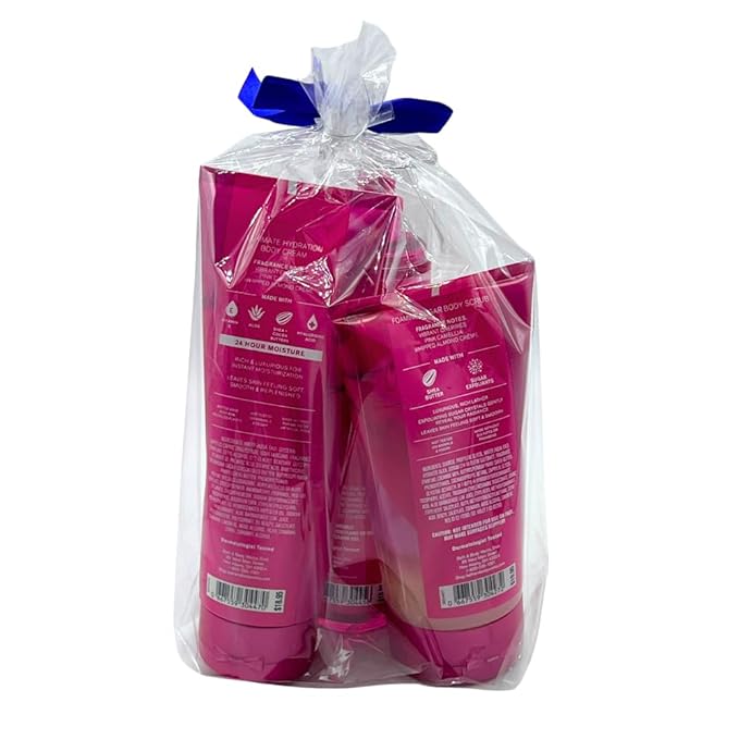 Bath & Body Works PERFECT IN PINK Fine Fragrance Mist, Ultimate Hydration Body Cream & Foaming Sugar Body Scrub 3-piece Gift Set with a Blue Bow for Holidays – Full Size