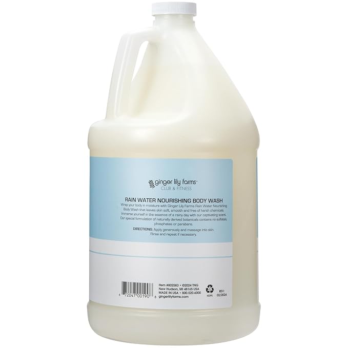 Ginger Lily Farms Club & Fitness Nourishing Body Wash, 100% Vegan & Cruelty-Free, Bath & Shower Gel for Men and Women, Rain Water Scent, 1 Gallon (Pack of 4)