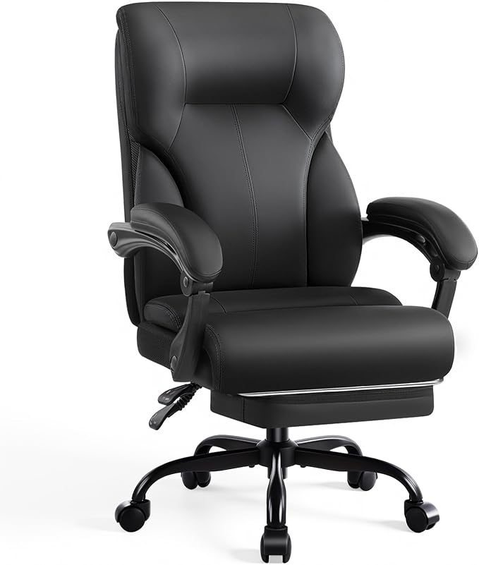 Executive Office Chair,High Back Ergonomic Comfy Desk Chair with Footrest and Padded Linkage Armrests,PU Leather Heavy Duty Computer Swivel Rolling Task Chair for Home Office,Adults,Black
