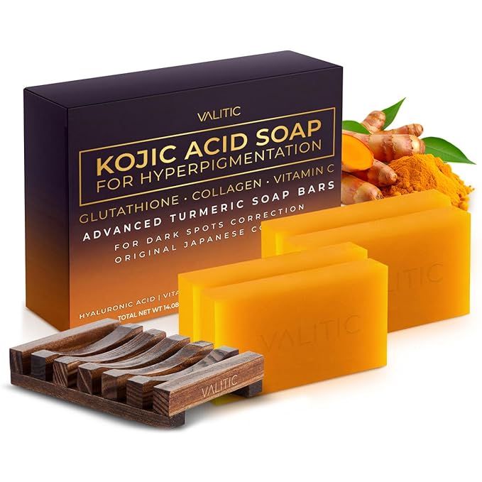 VALITIC Kojic Acid Soap for Hyperpigmentation - with Glutathione, Collagen & Vitamin C - Advanced Soap Bars with Turmeric - Original Japanese Complex for Dark Spot Correction - 4 Pack + Holder
