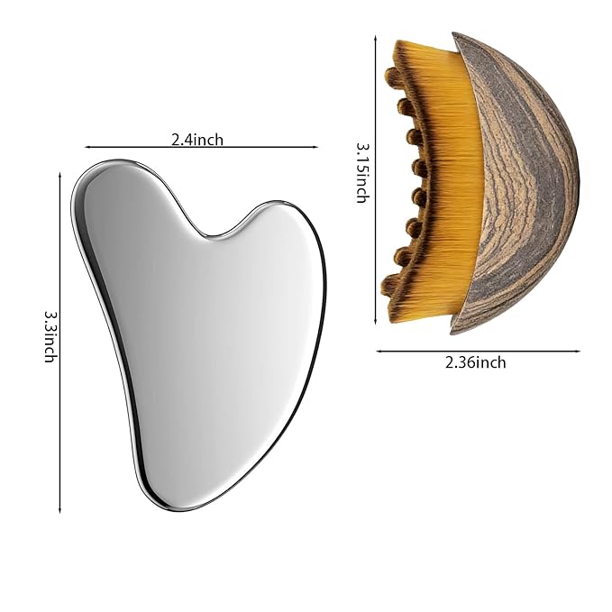 Stainless Steel Gua Sha Tool & Lymphatic Drainage Face Brush Set, Facial Massage Kit for Jawline Sculpting Puffiness Lifting Relaxation, Contour Face Skin Care Gift for Women