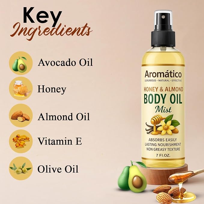 Honey & Almond Body Oil Mist for Women – 7 fl oz | Lightweight, Non-Sticky, Spray-on formula for Daily use After Shower | Moisturized, Soft, Glowing Skin | Cozy Honey & Almond Scent