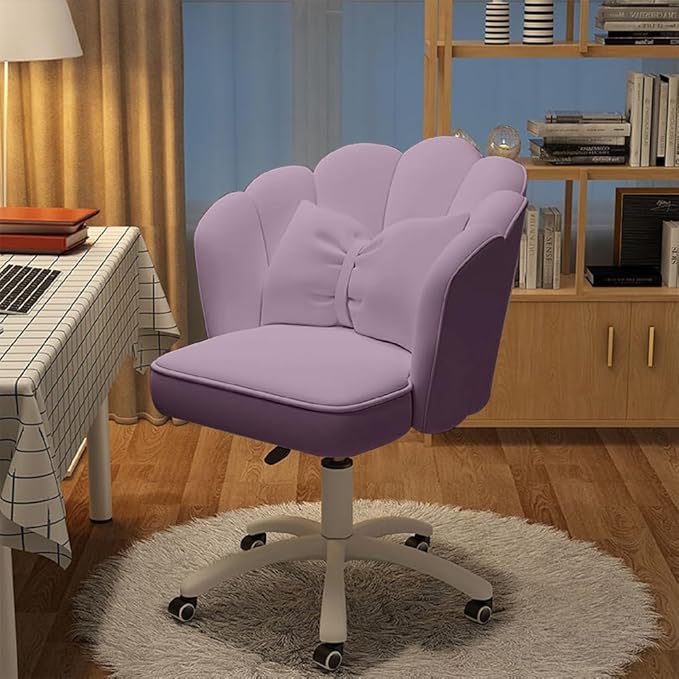 Petal Desk Chair with Bow Cushion Velvet Vanity Chair with Wheels, Upholstered Home Office Chair for Girls Women, Mid-Back Swivel Computer Task Chairs for Living Room Bedroom
