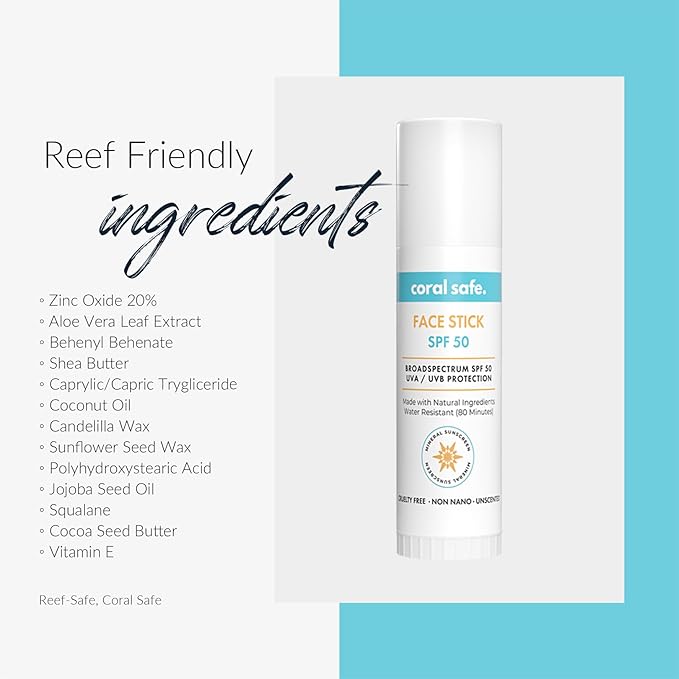 Reef Safe Sunscreen SPF 50 Mineral Face Stick - Travel Size, Biodegradable, Hawaii & Mexico Approved, Zinc Oxide, Oxybenzone & Octinoxate Free, 80 Min Water Resistant, TSA Approved by Coral Safe