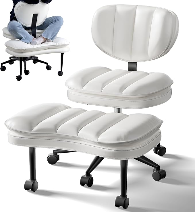 Extra-Wide & Tall Cross-Legged Office Chair – Deeply-Padded Cloud Seat, Ergonomic Back Support, Adjustable Height for ADHD & Meditation, White