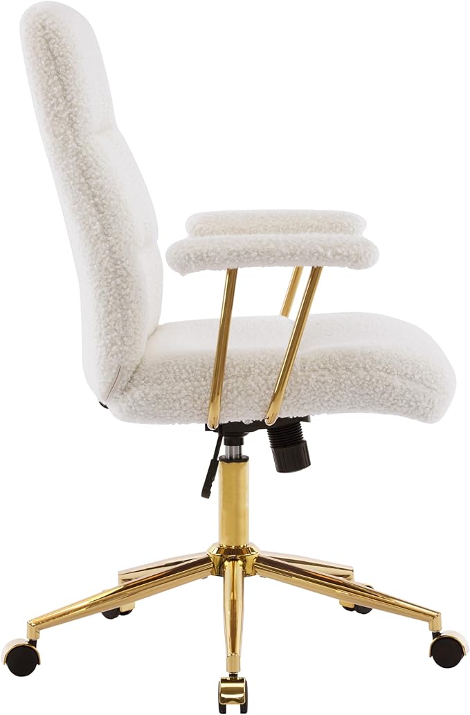 Elegant White and Gold Fuzzy Office Chair with Textured Boucle Fabric, Modern Desk Chair with Padded Seat, Height Adjustable with Durable Gold Base